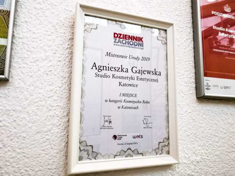 o nas, Dyplom Mistrzowie Urody 2019 dla Agnieszki Gajewskiej Studio Kosmetyki Estetycznej Katowice